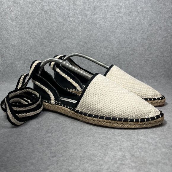 Zara Trafaluc Espadrille Flats Womens EU 40 Black White Lace Up Canvas Coastal - Picture 3 of 14